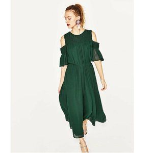 Zara Basic Collection Women Pine Cold Shoulder Jumpsuit Dress Ruched S